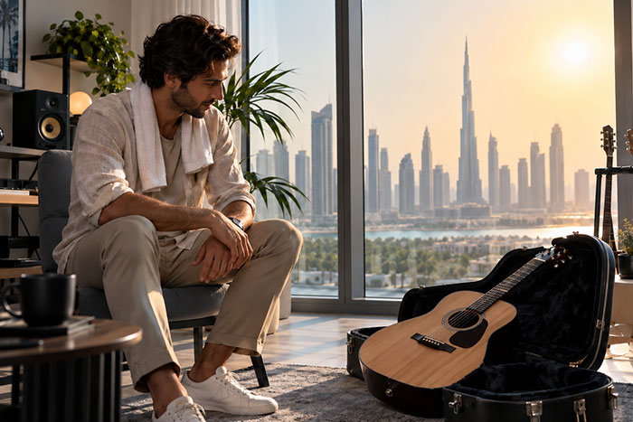 Acoustic guitar acclimatising indoors after exposure to Dubai heat and air conditioning