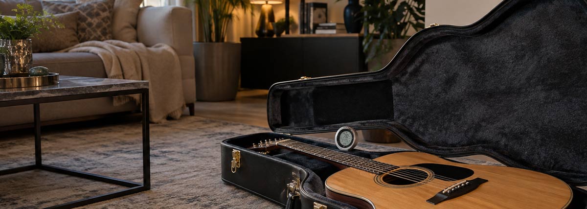 Acoustic guitar stored in a hard case with a small hygrometer in home