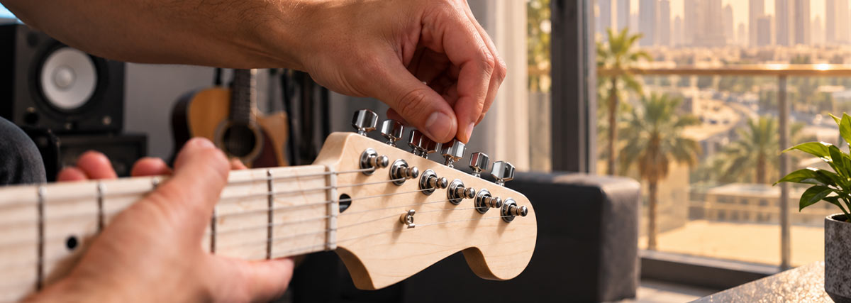 Guitarist tuning an electric guitar indoors at home in Dubai